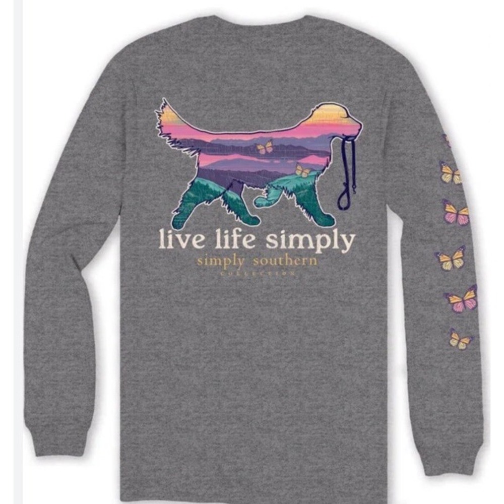New Simply Southern Long Sleeve Tee T-Shirt Colorful Sunset Dog Life Gray XXL